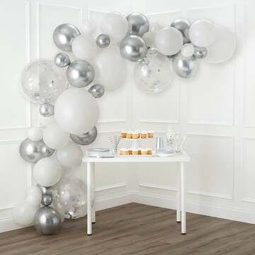 white and silver balloon arch